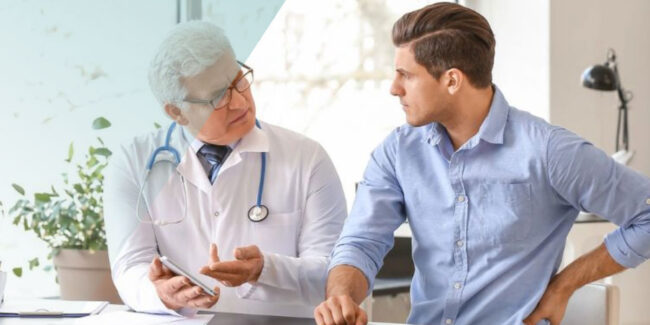 Young man visiting urologist in clinic