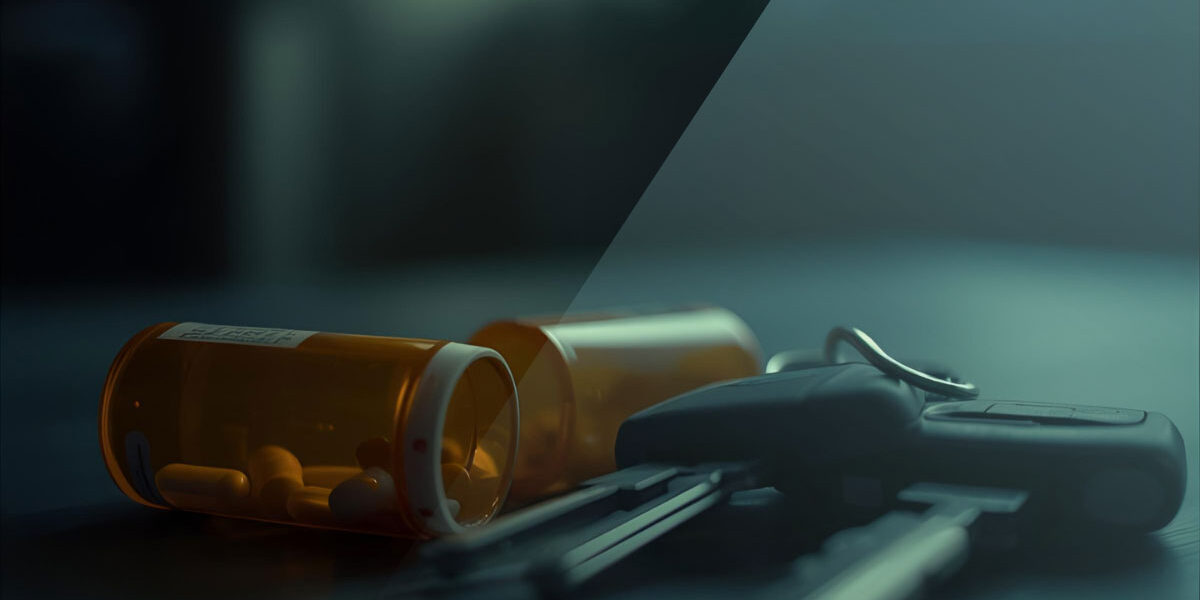 Prescription medications next to car keys highlighting medication-related driving risks.
