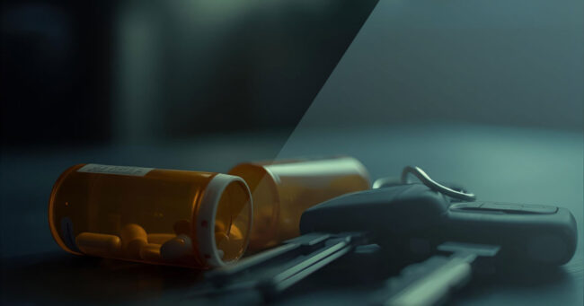 Prescription medications next to car keys highlighting medication-related driving risks.