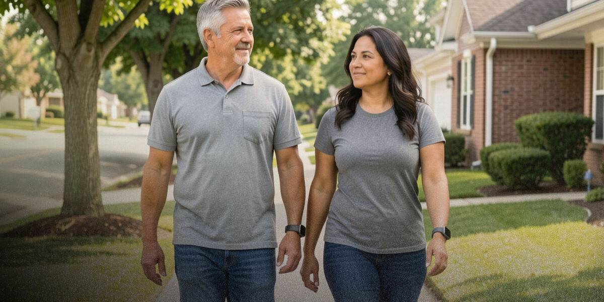 Adults walking outdoors wearing a fitness tracker, representing heart health awareness and cholesterol management through lifestyle choices.