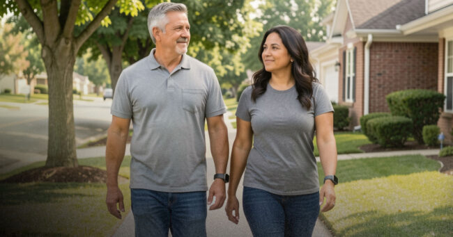 Adults walking outdoors wearing a fitness tracker, representing heart health awareness and cholesterol management through lifestyle choices.