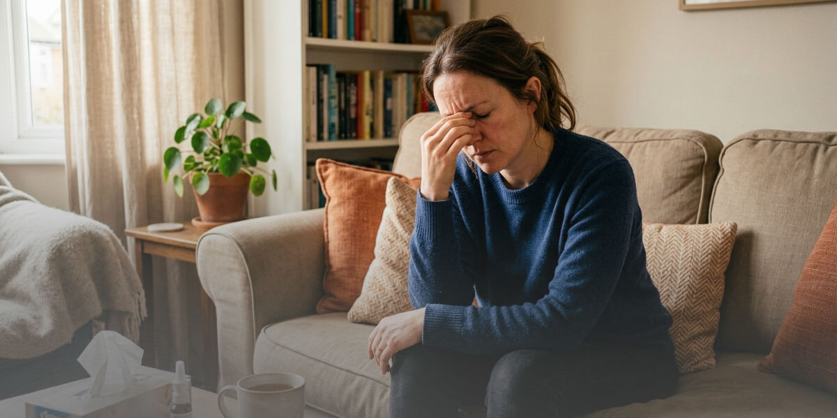 Adult experiencing sinus pressure and facial discomfort at home