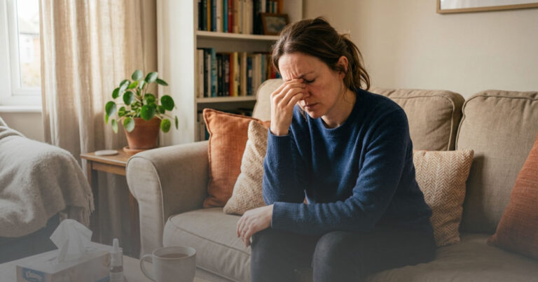 Adult experiencing sinus pressure and facial discomfort at home