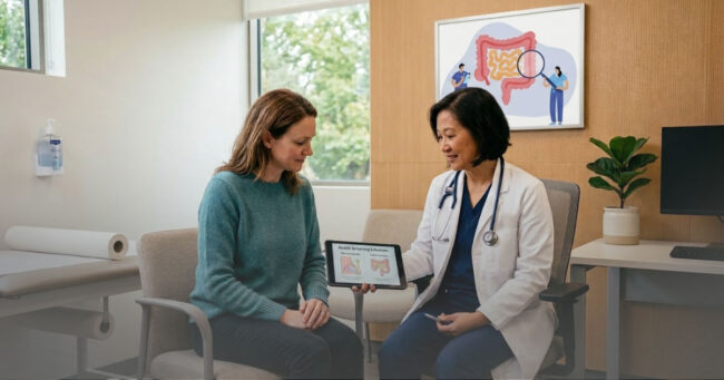 Adult patient aged 45+, discussing colonoscopy screening with primary care doctor