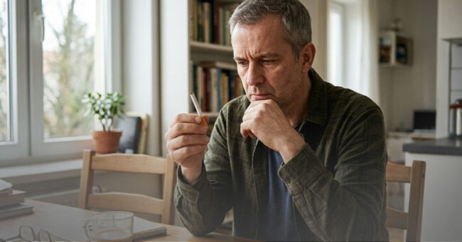 Adult holding a broken cigarette showing a decision of quitting smoking