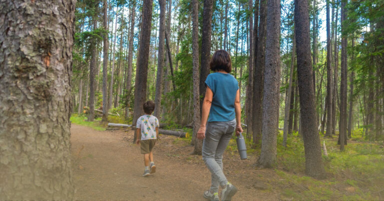 Parent and child walking on a forest trail during tick season, promoting outdoor safety and Lyme disease prevention.