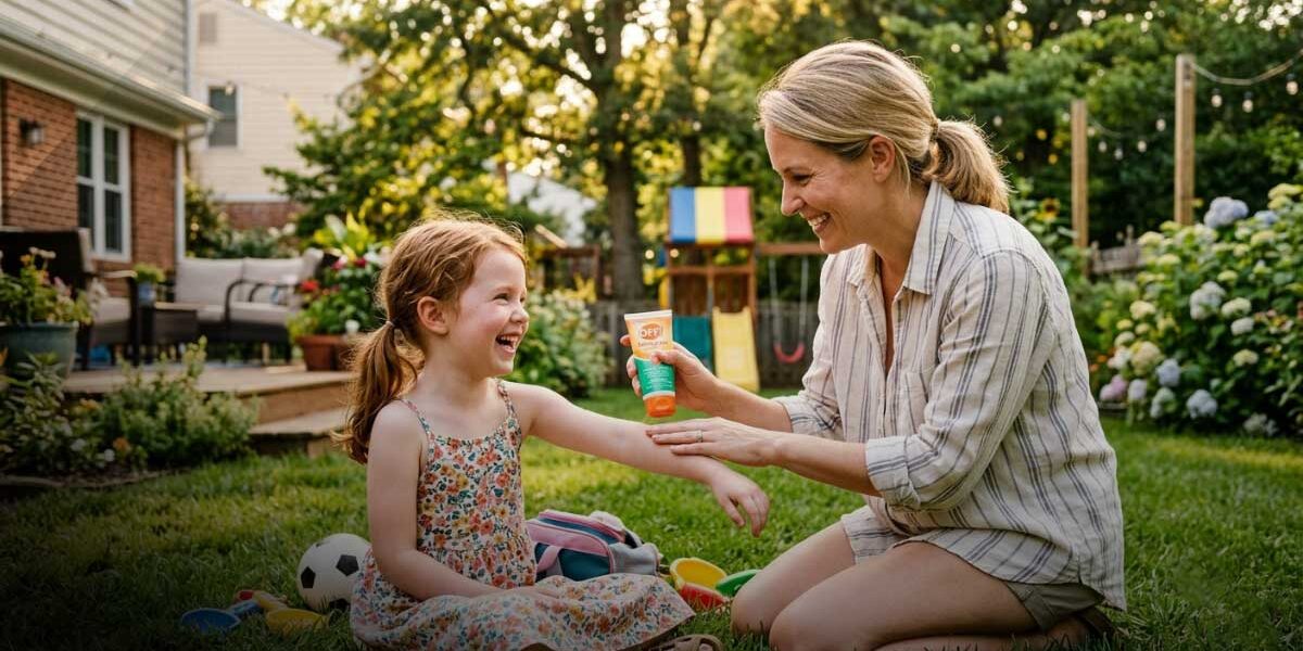 Parent applying insect repellent to a child before outdoor play to prevent mosquito bites.