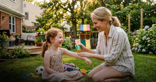 Parent applying insect repellent to a child before outdoor play to prevent mosquito bites.