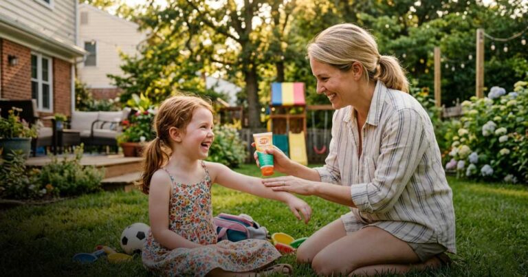 Parent applying insect repellent to a child before outdoor play to prevent mosquito bites.
