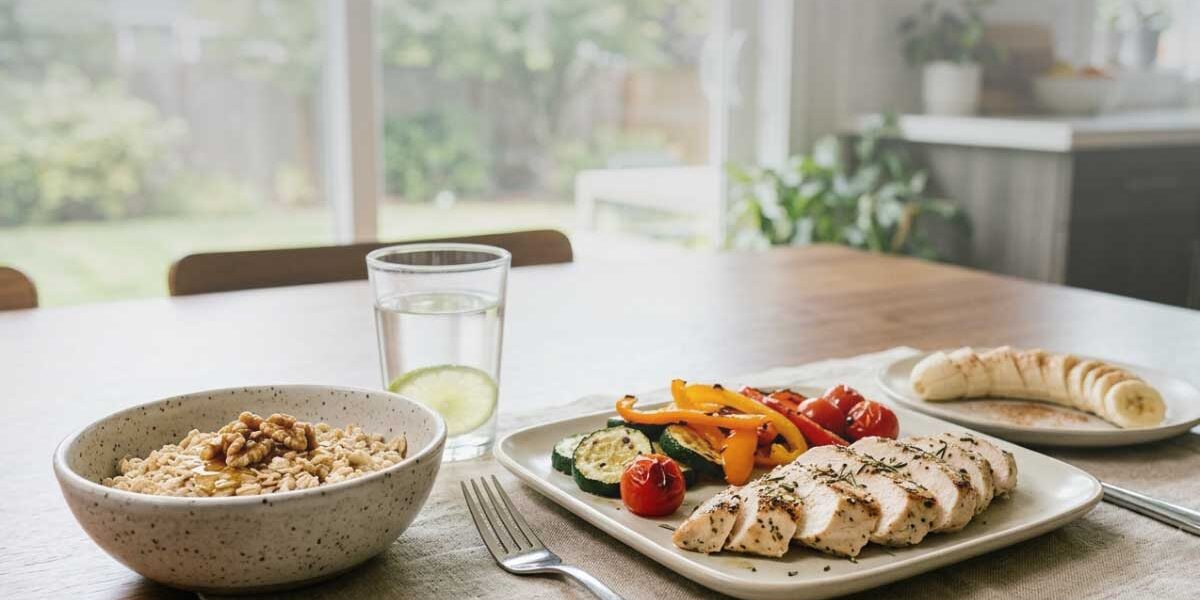 Healthy meal with grilled chicken, vegetables, oatmeal, banana, and water