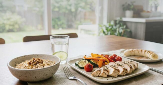 Healthy meal with grilled chicken, vegetables, oatmeal, banana, and water