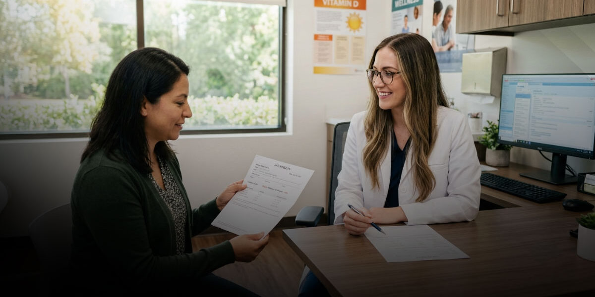 Primary care physician discussing vitamin D deficiency, blood test results, and preventive health with an adult patient.