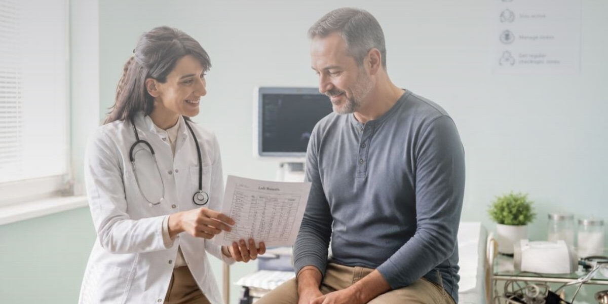 Primary care physician discussing elevated triglyceride results with an adult patient.