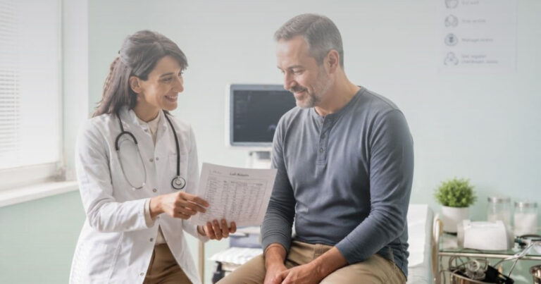Primary care physician discussing elevated triglyceride results with an adult patient.