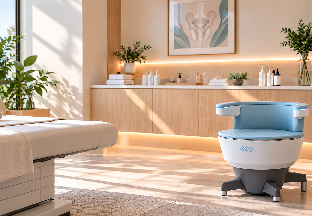 Modern medical treatment room featuring an EMSELLA chair, examination bed, and calming clinical interior.