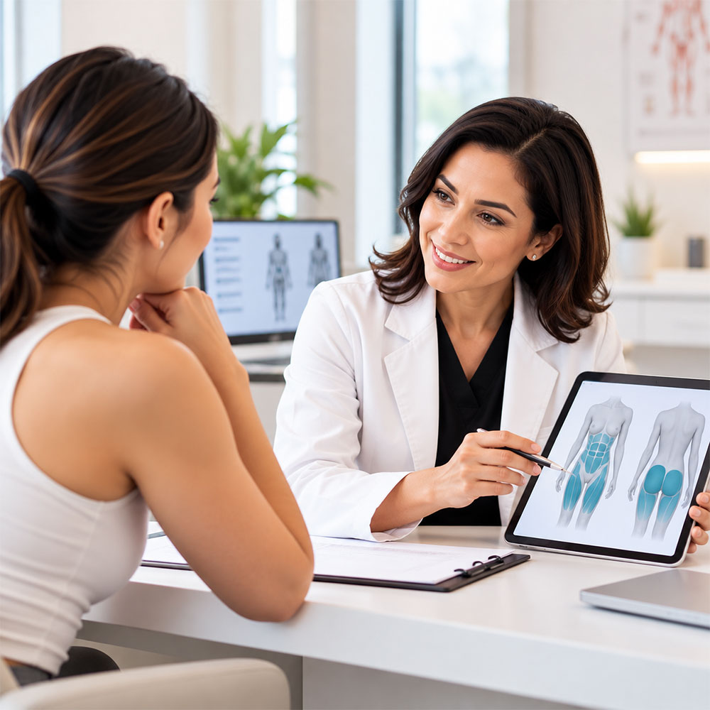 Female doctor explaining EMSCULPT NEO body contouring treatment areas to a patient during a consultation.