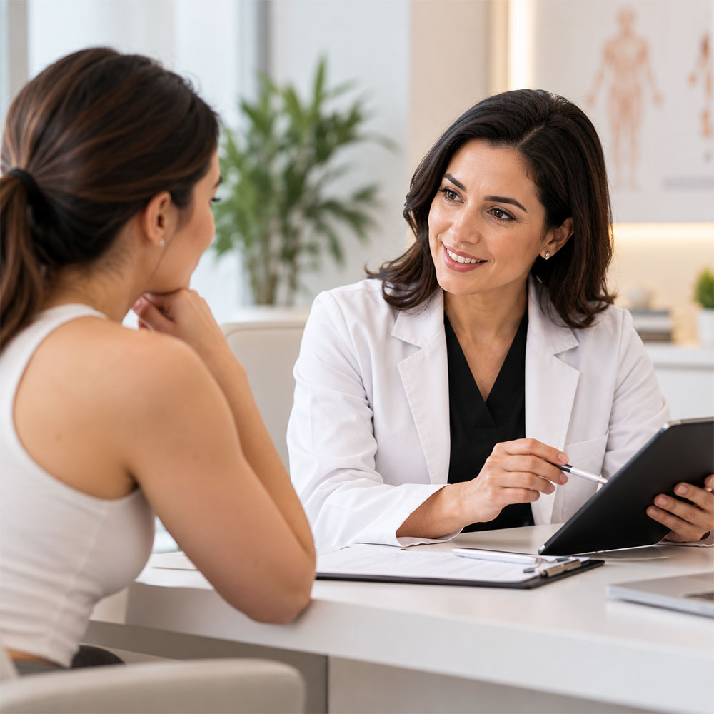 Female doctor discussing personalized treatment options with a patient during a medical consultation.